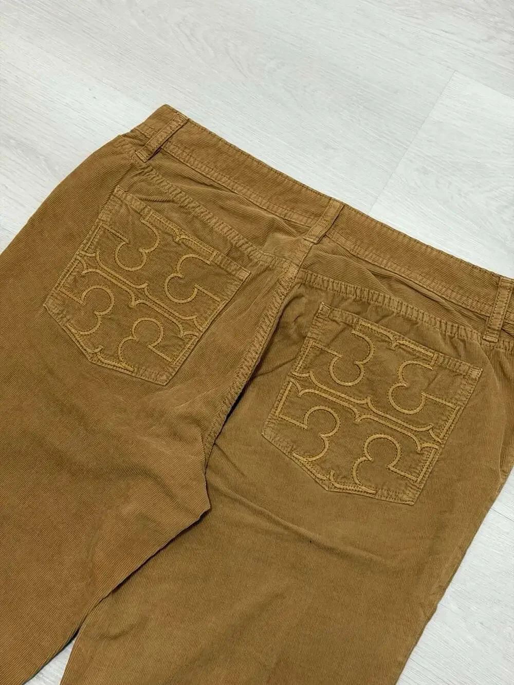 Tory Burch Women's Brown Corduroy Flare Pants Embroidered Logo Back Pockets 31